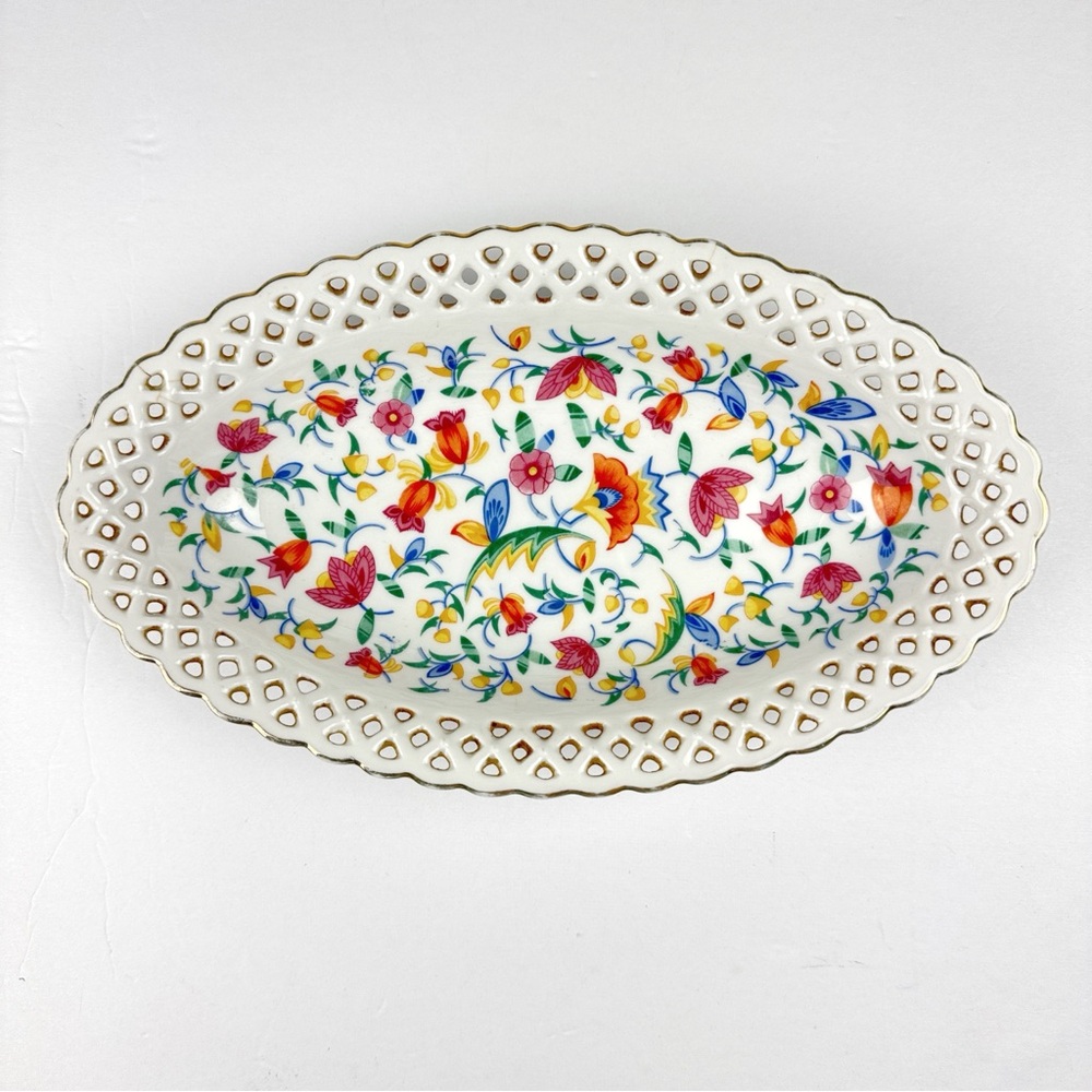 Oval Vintage German Porcelain Bowl Floral Trinket Candy Dish 10.5 x 6" Lace Edge